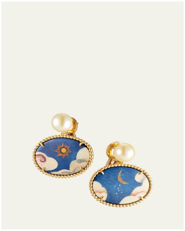 Marquetry 18K Gold Tibetan Sky Earrings with Pearls and Diamonds